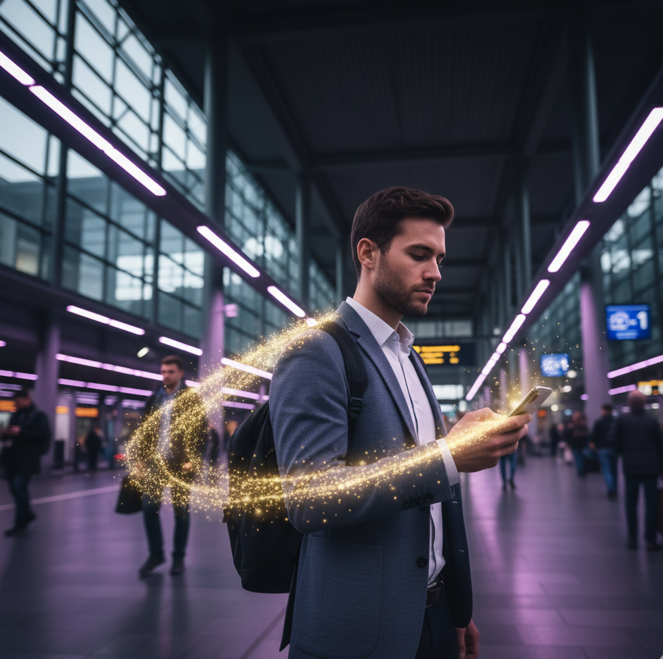 Profesional usando aplicación móvil nativa con conectividad fluida en movimiento